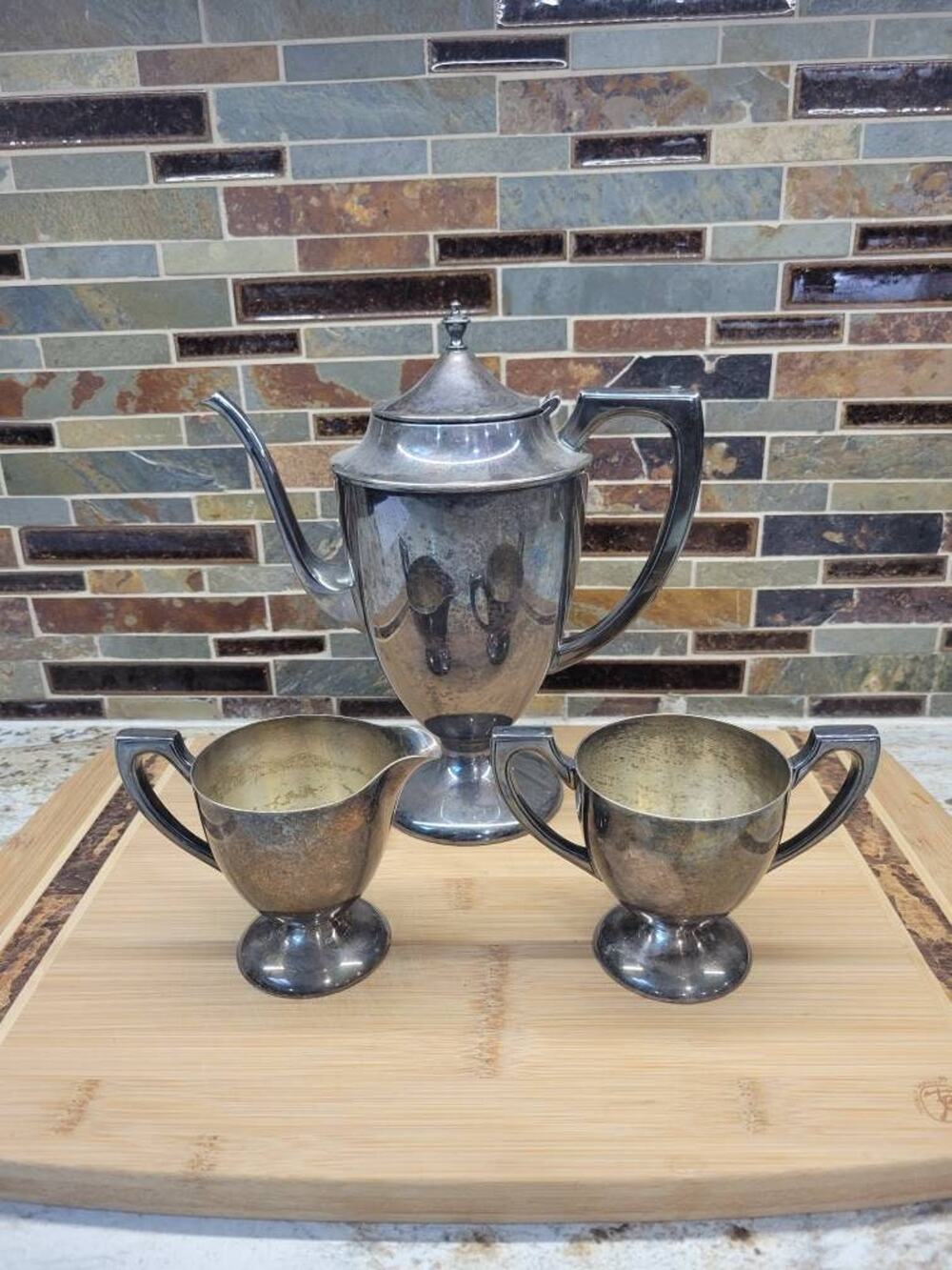 Vintage Benedict 1140 Silver Plate Coffee Pot Creamer Sugar Bowl Set Tea Service